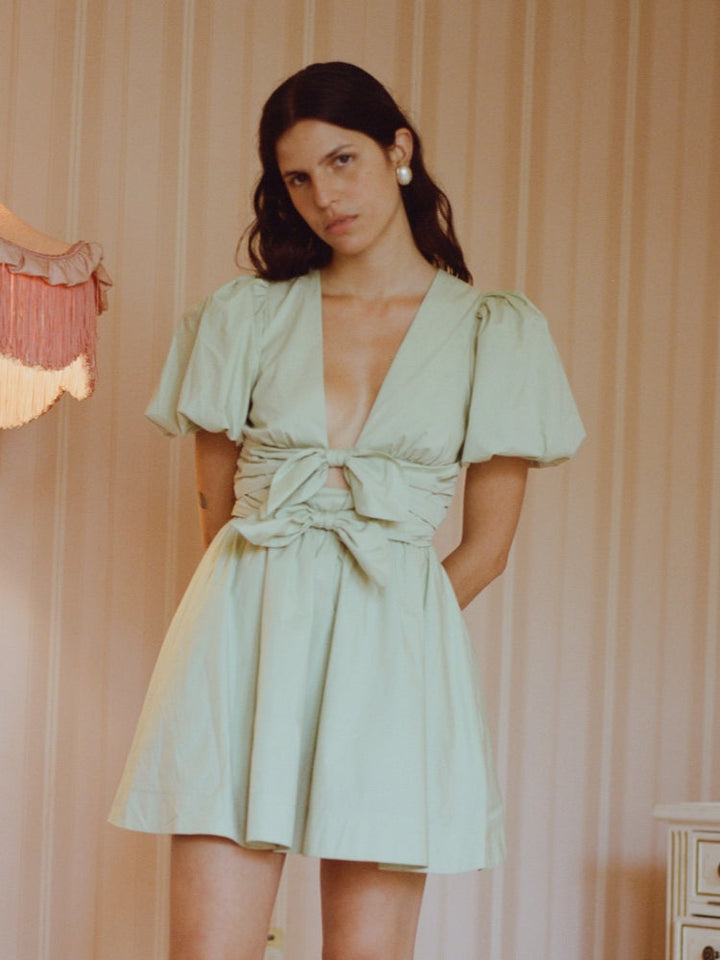 Amber | Mini Summer Dress with Deep V-Neck and Puff Sleeves