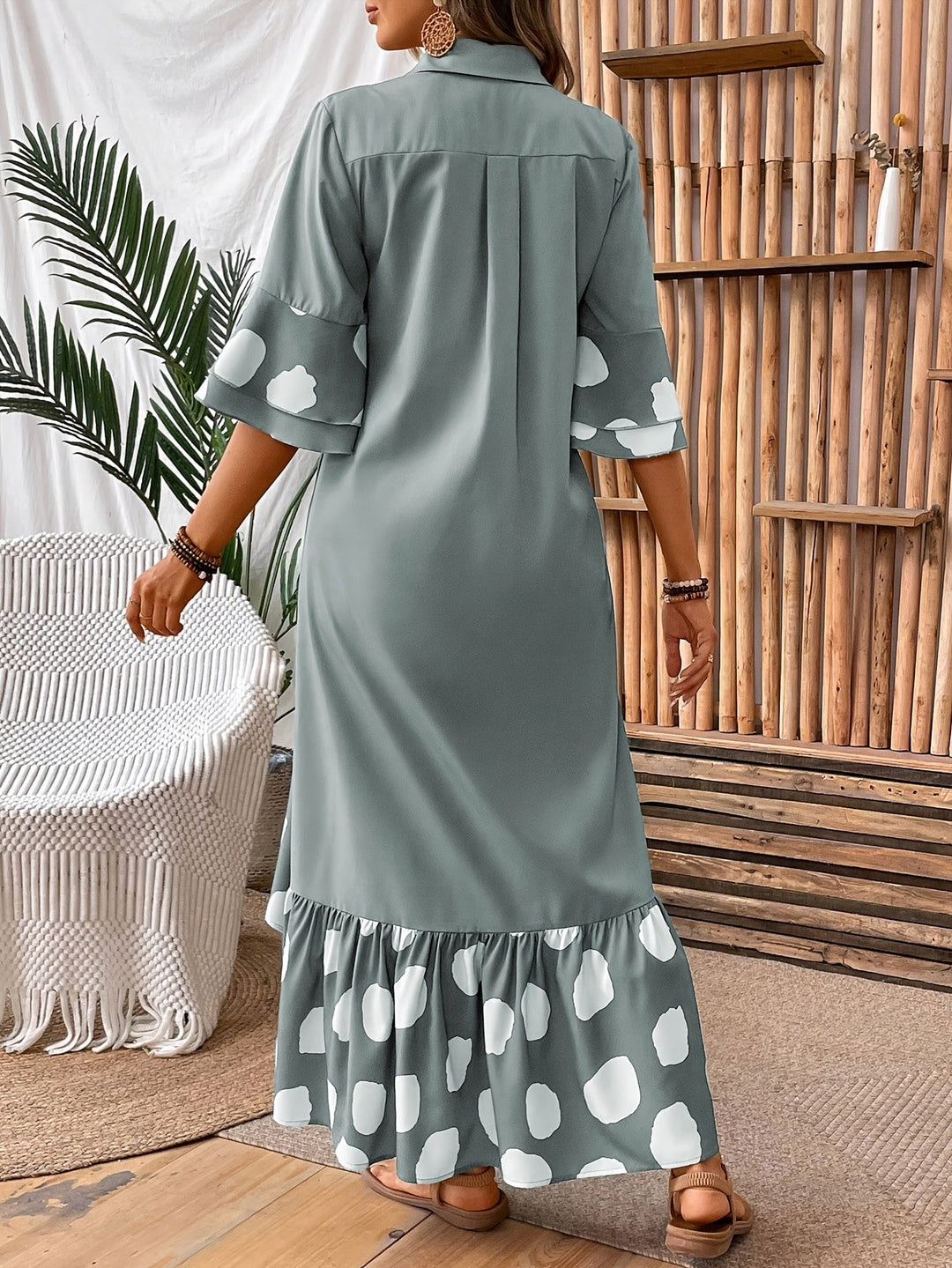 Amber | Midi Polka Dot Dress with Button Front and Ruffle Hem
