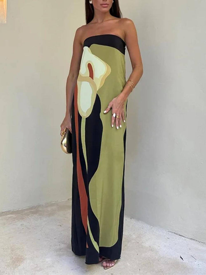 Emily | Maxi Summer Dress with Strapless Bodice and Abstract Print