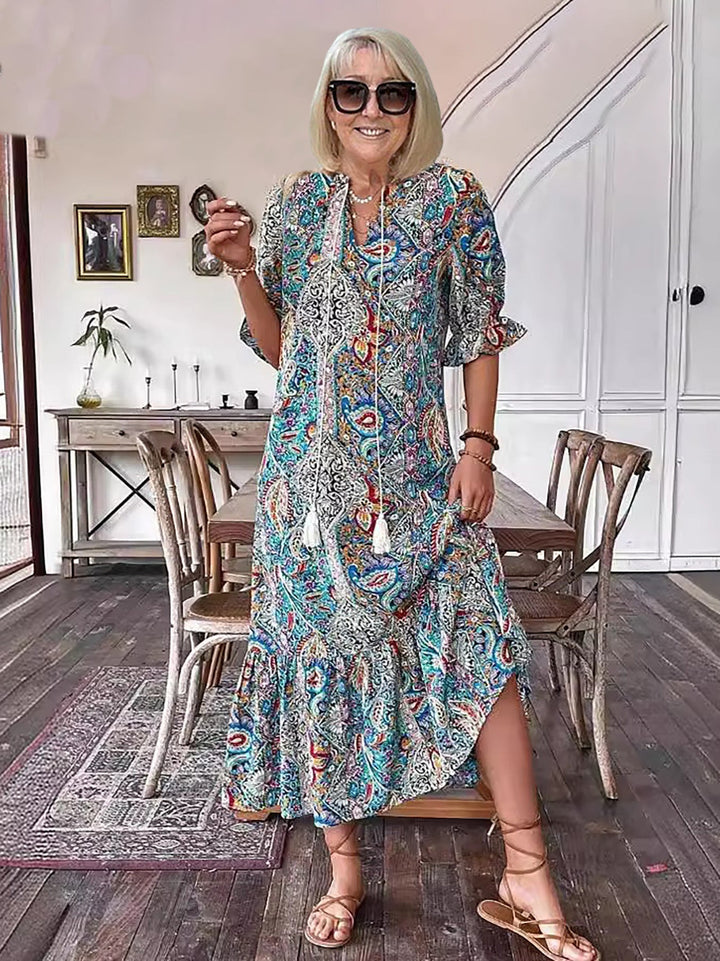 Gene | Midi Summer Dress with Boho Print and Tassel Tie