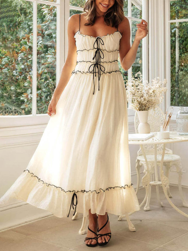 Helen | Midi Summer Dress with Spaghetti Straps and Contrast Trim