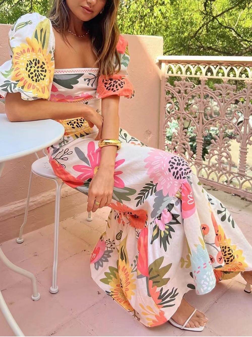 Daisy | Maxi Wedding Guest Dress with Floral Print and Square Neck