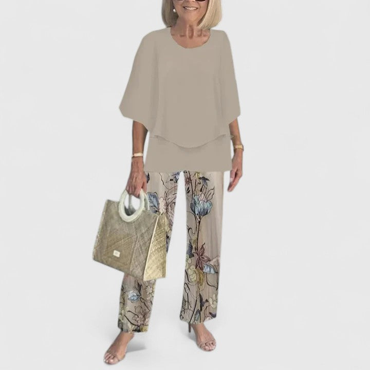Marge | Matching Set with Floral Print Trousers and Layered Top