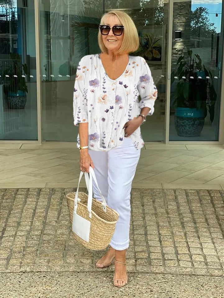 Penny | Floral Print Blouse with V Neckline and Button Front