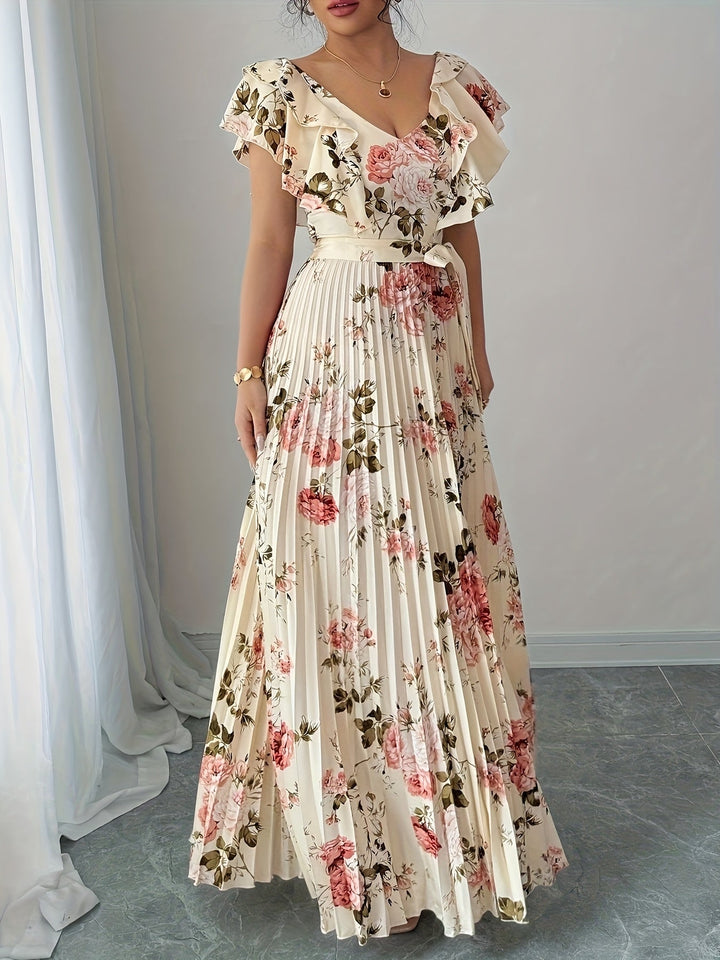 Flor | Maxi Wedding Guest Dress with Floral Print and Pleated Skirt