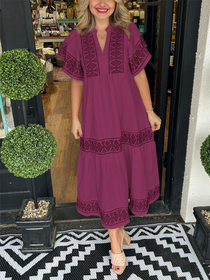 Kylie | Midi Summer Dress with Embroidered Detail and V-Neck
