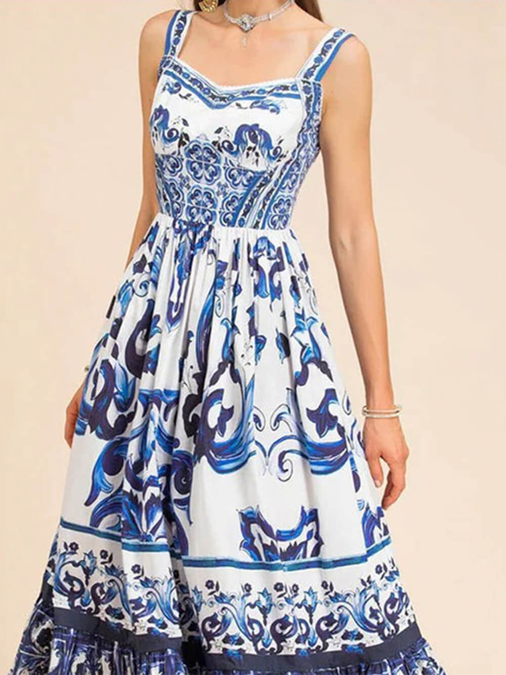 Pia | Midi Summer Dress with Boho Print and Square Neck
