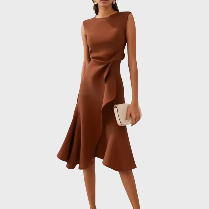 Sheila | Midi Cocktail Dress with Asymmetric Hem and Draped Bodice