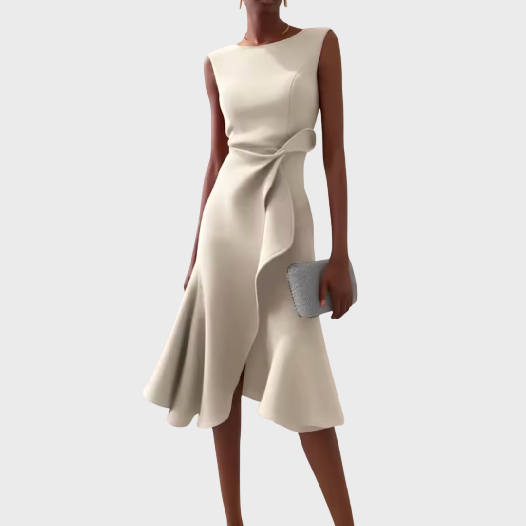 Sheila | Midi Cocktail Dress with Asymmetric Hem and Draped Bodice
