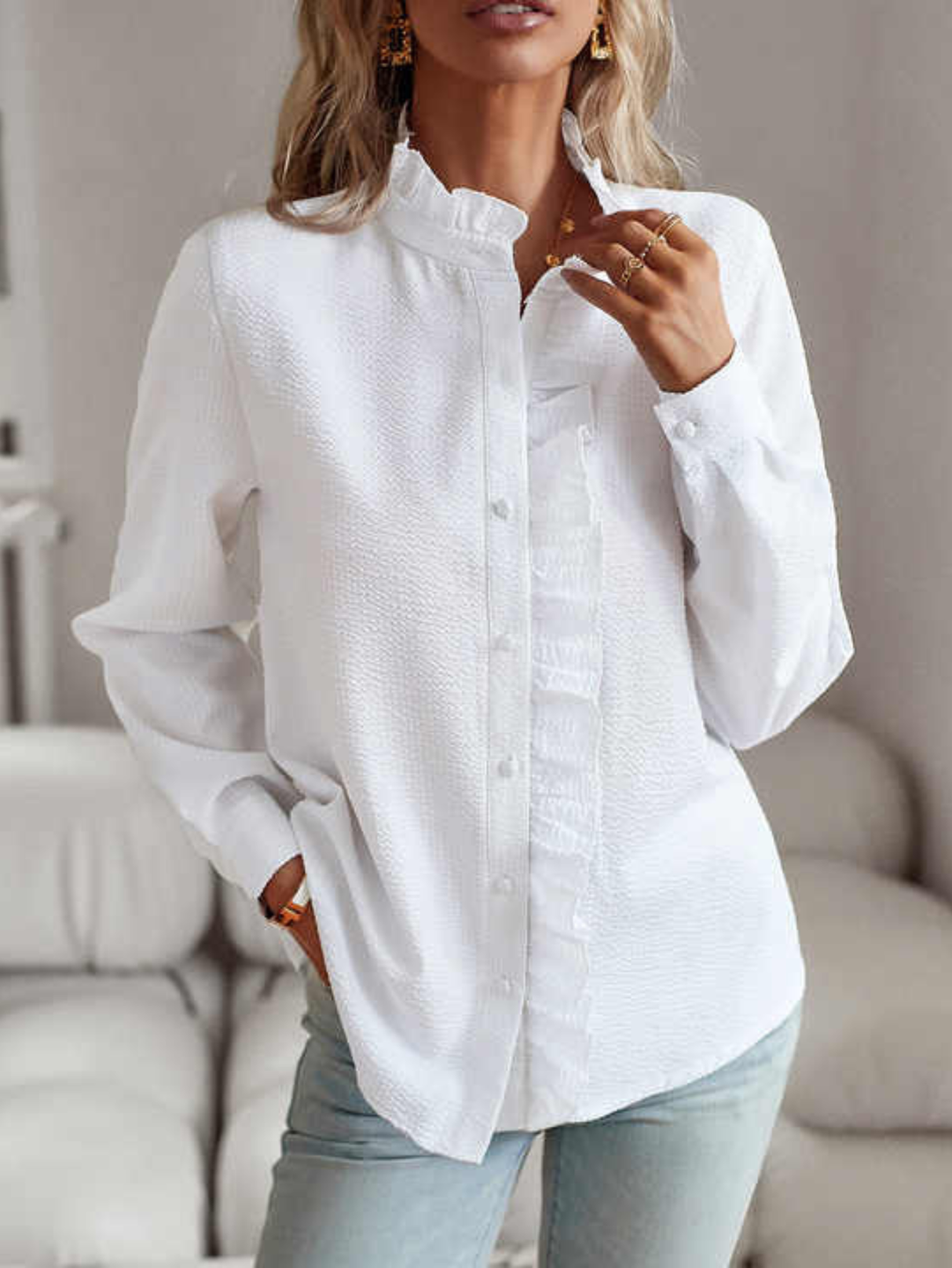 Millie | Ruffle Trim Blouse with Shirt Collar and Long Sleeves