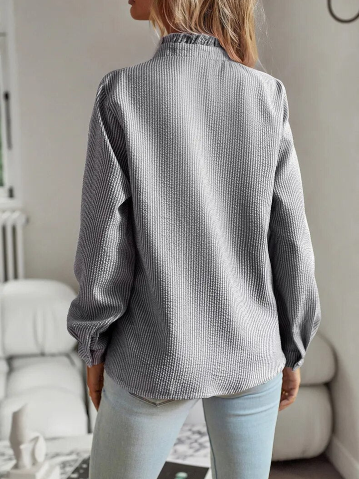 Millie | Ruffle Trim Blouse with Shirt Collar and Long Sleeves