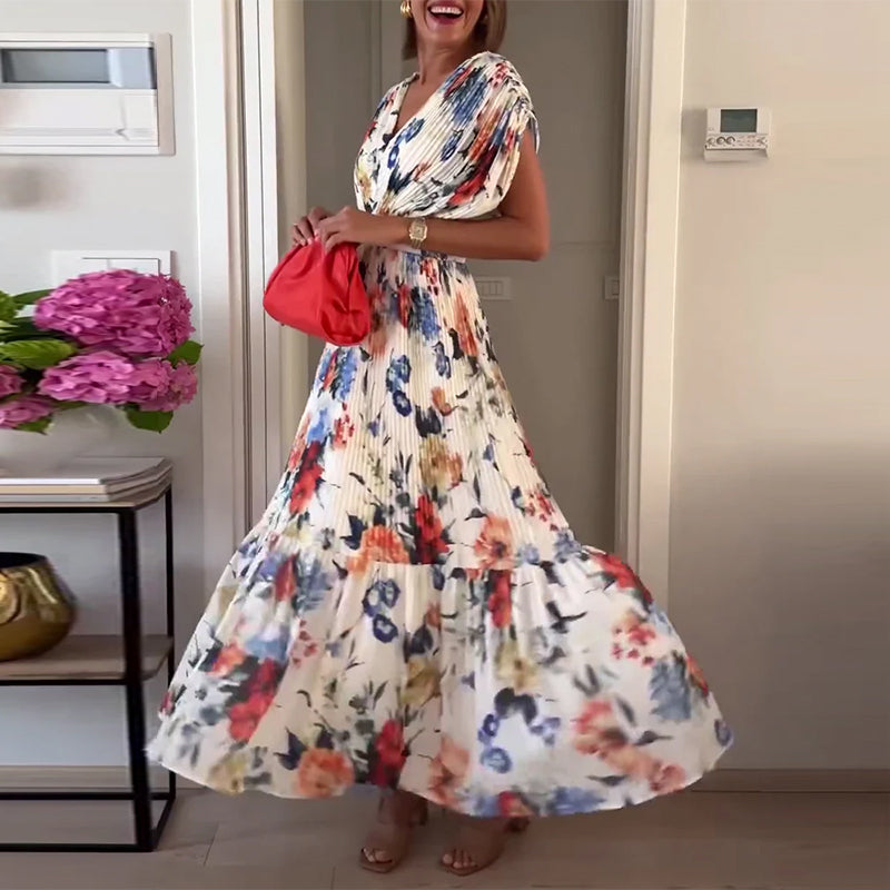 Alice | Maxi Wedding Guest Dress with Floral Print and Pleated Skirt