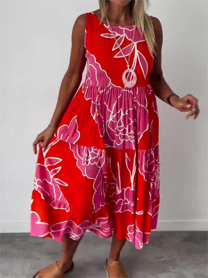 Amy | Midi Summer Dress with Abstract Print and Sleeveless Bodice