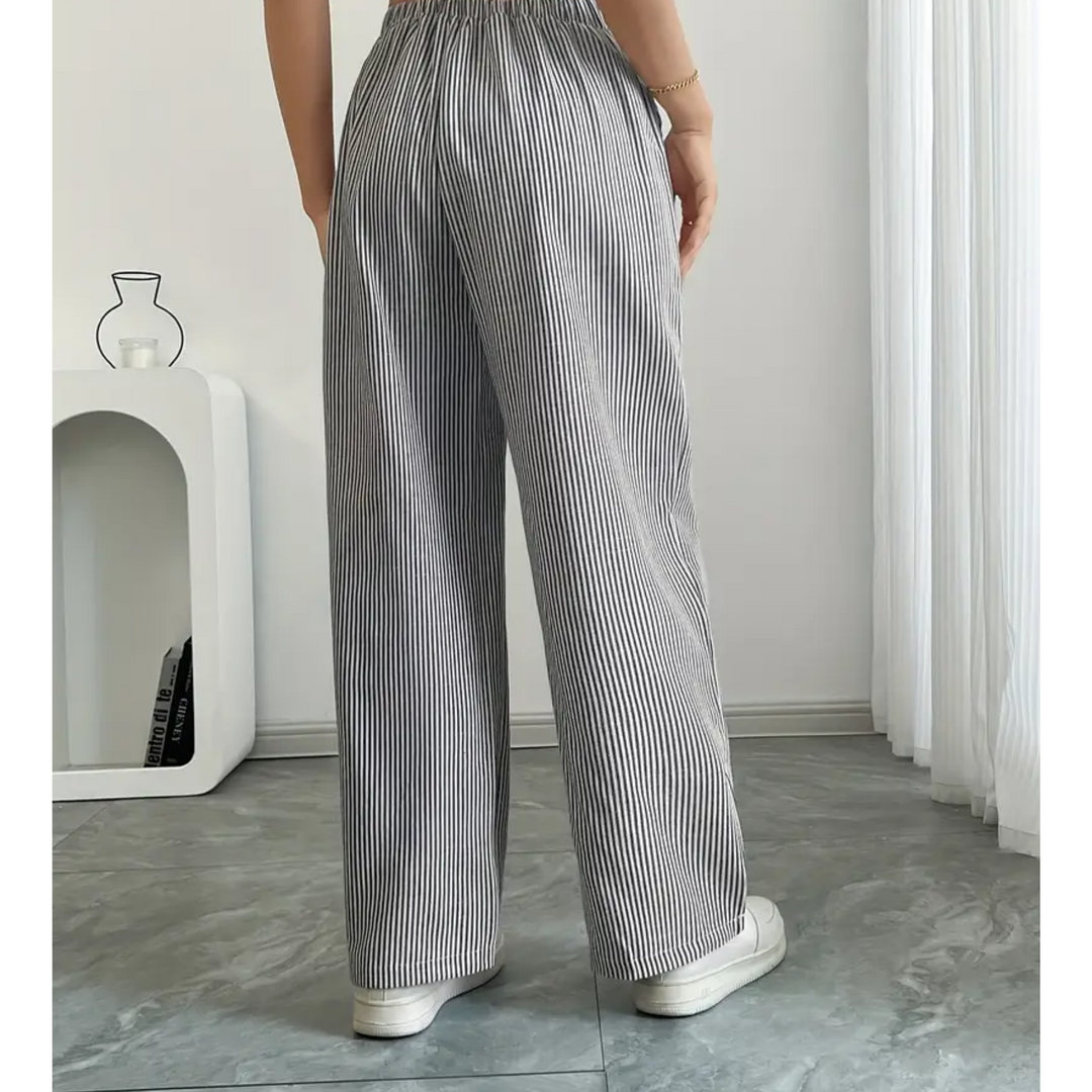 Sandy | Wide Leg Trousers with Striped Print and Drawstring Waist
