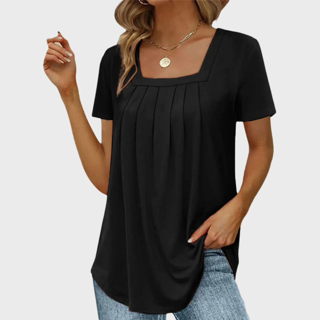 Demi | Pleated Front Top with Square Neck and Short Sleeves