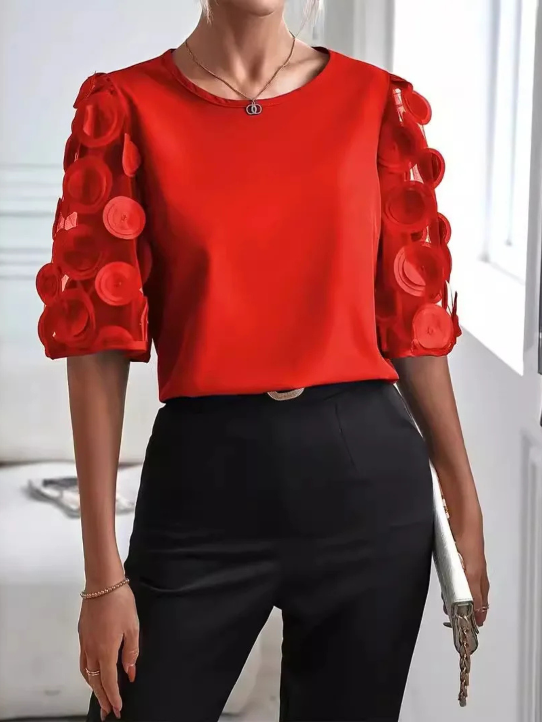 Dot | Puff Sleeve Top with Round Neckline and Polka Dot Sleeves