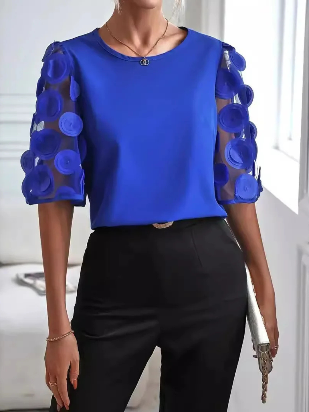Dot | Puff Sleeve Top with Round Neckline and Polka Dot Sleeves