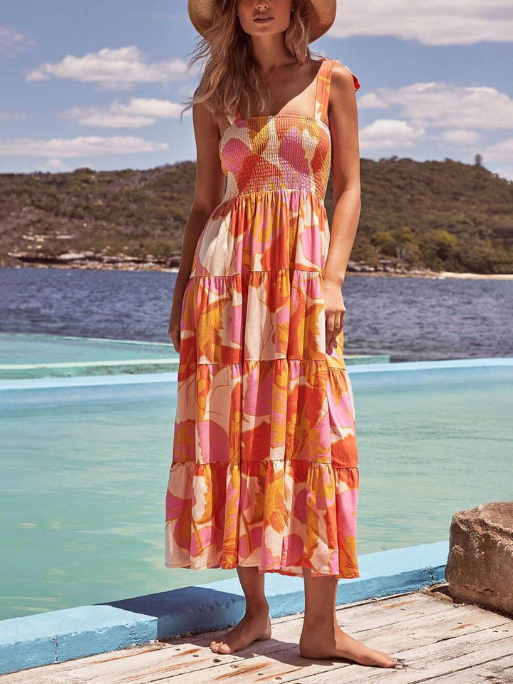 Jasmine | Midi Holiday Dress with Boho Print and Smocked Bodice