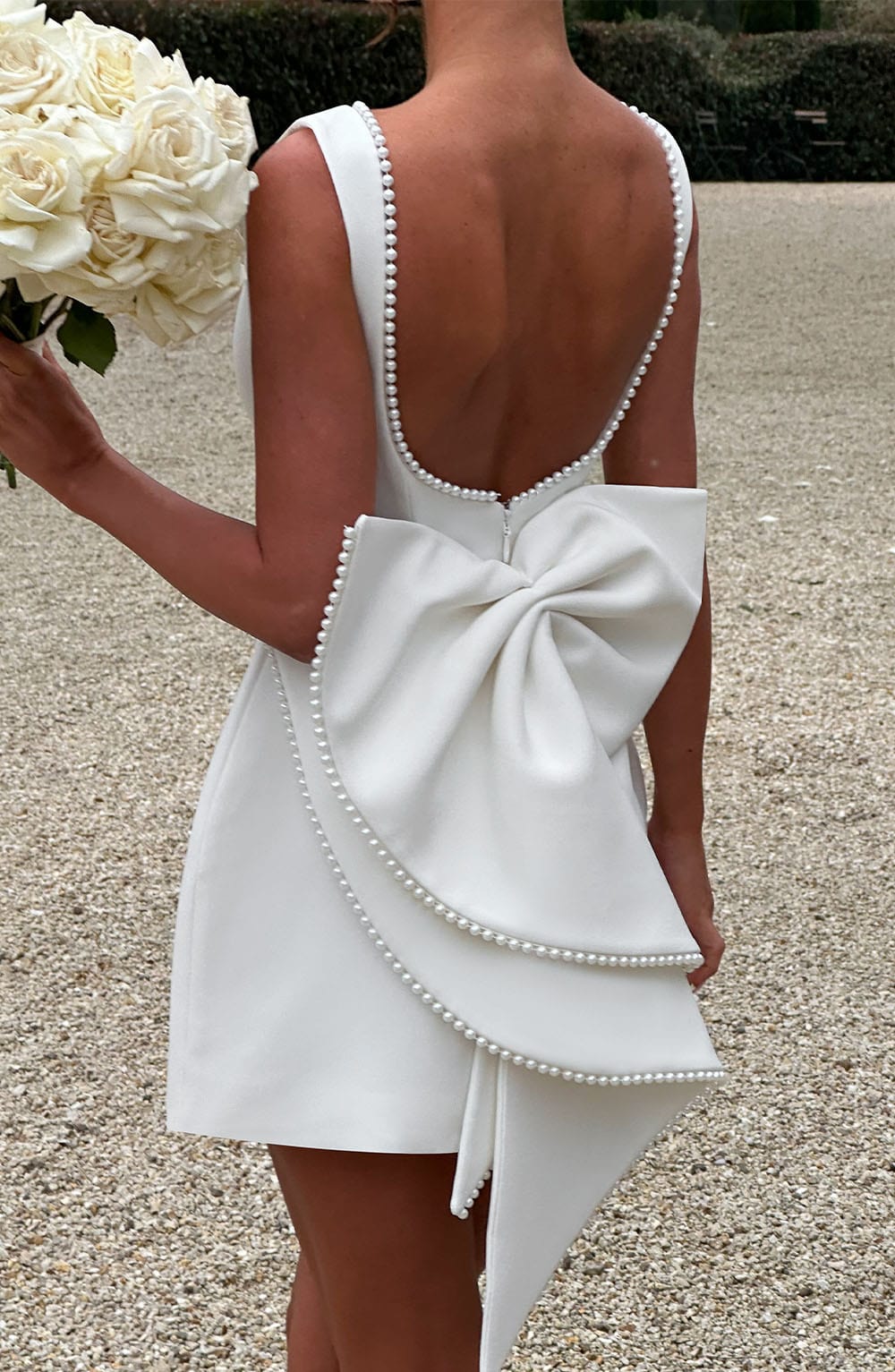Rita | Mini Wedding Guest Dress with Boat Neck and Bow Back
