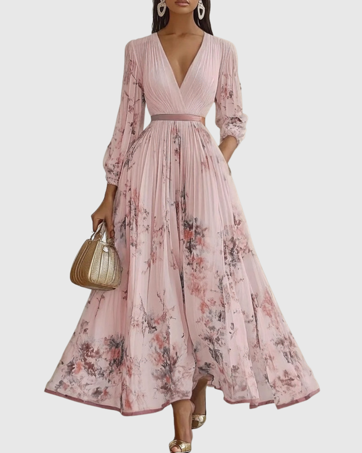 Ella | Maxi Wedding Guest Dress with Floral Print and Pleated Skirt