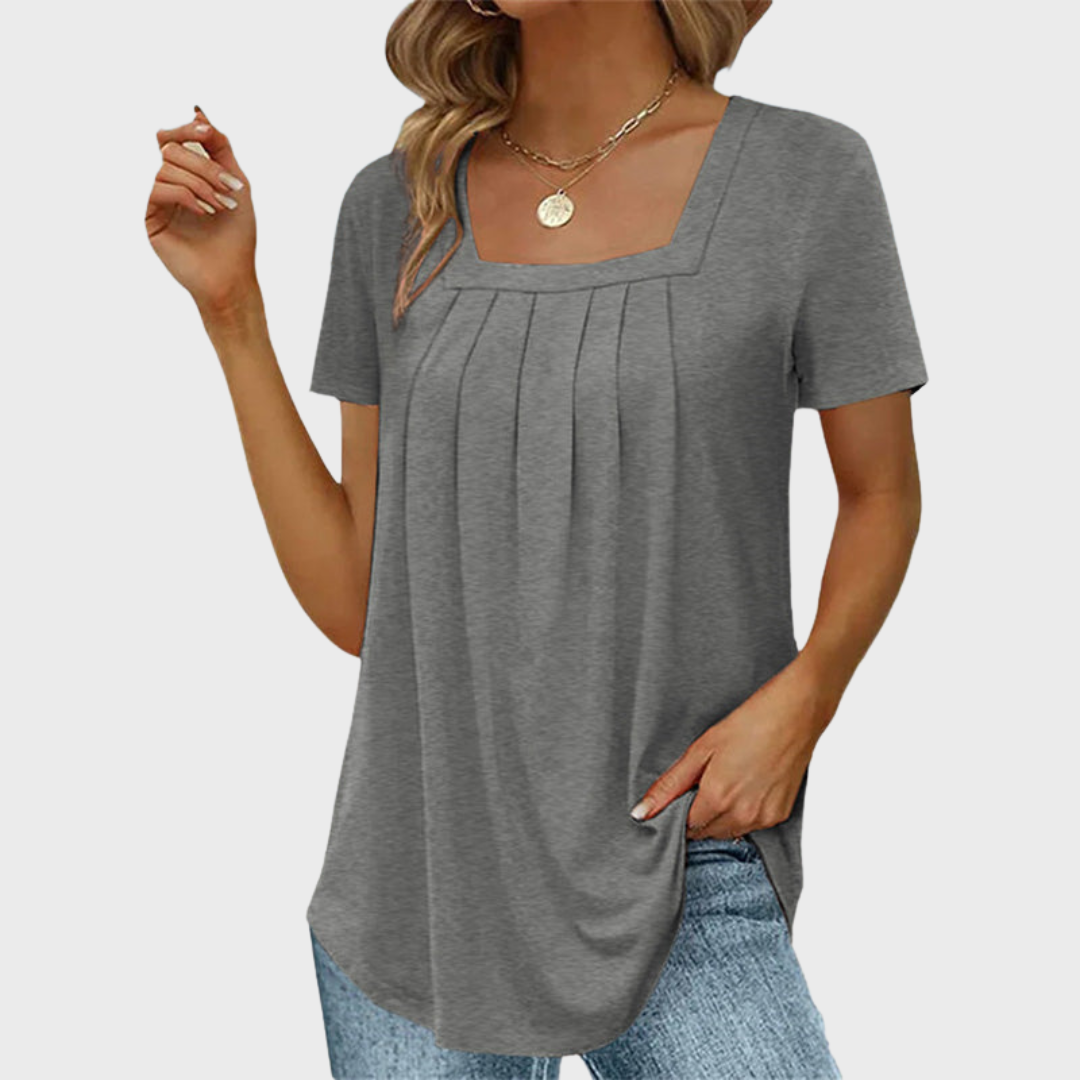 Demi | Pleated Front Top with Square Neck and Short Sleeves