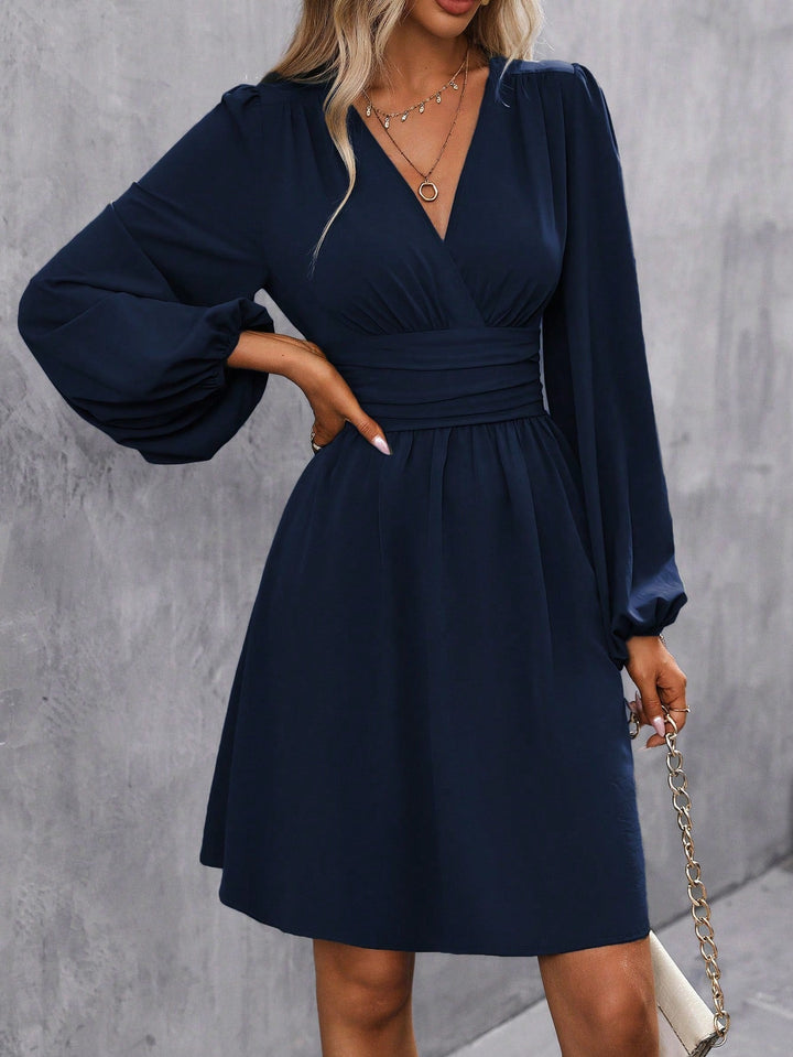 Bella | Midi Cocktail Dress with Lantern Sleeves and V-Neck