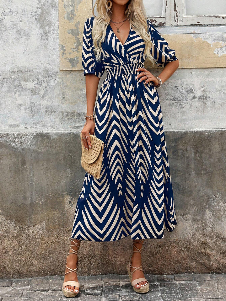 Emily | Midi Summer Dress with V-Neck and Chevron Print
