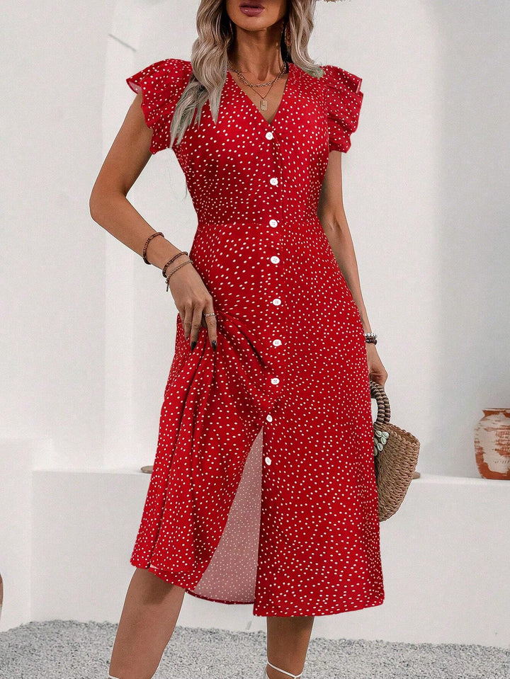 Amy | Midi Polka Dot Dress with V-Neck and Side Slit