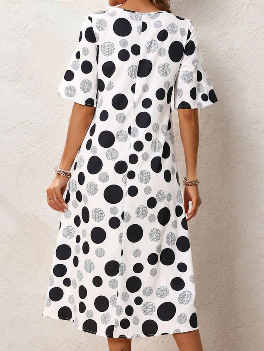 Hazel | Midi Polka Dot Dress with Round Neck and Pockets