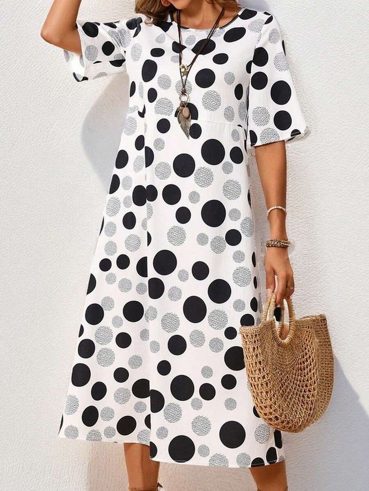 Hazel | Midi Polka Dot Dress with Round Neck and Pockets