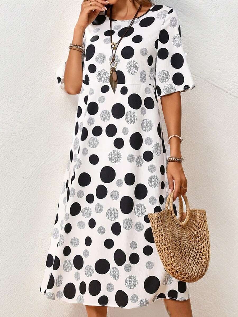 Hazel | Midi Polka Dot Dress with Round Neck and Pockets
