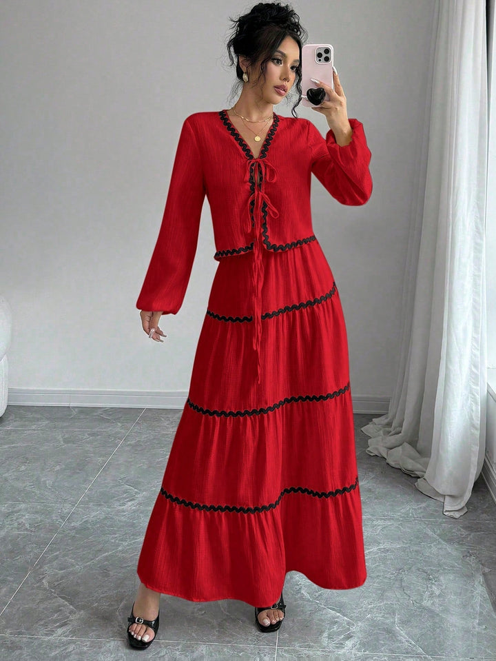 Natalie | Two-Piece Set with V-Neck Top and Maxi Tiered Skirt