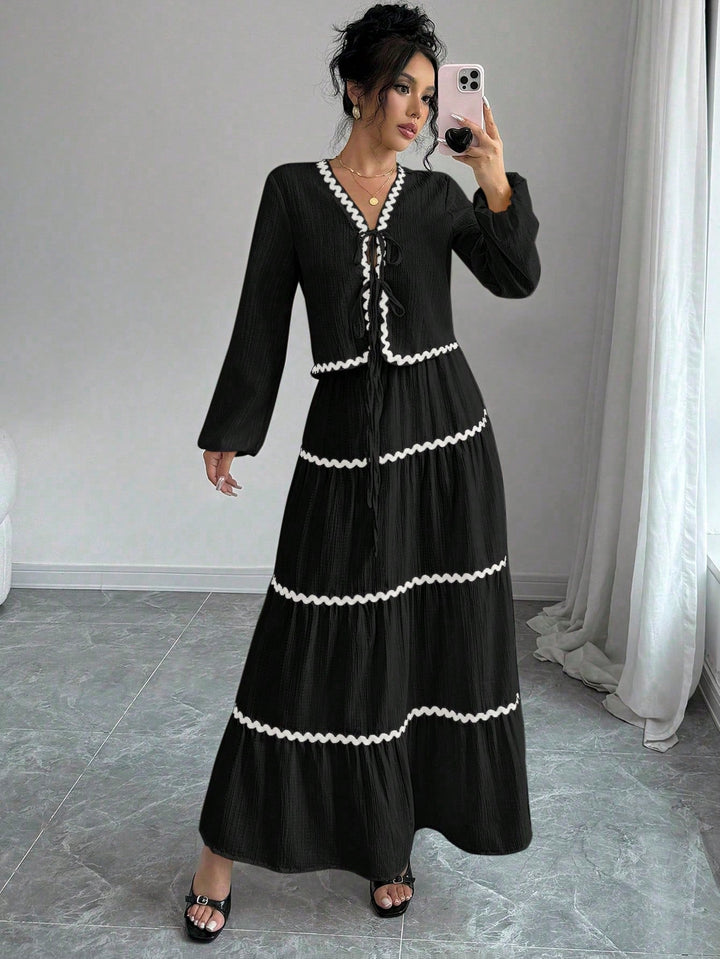 Natalie | Two-Piece Set with V-Neck Top and Maxi Tiered Skirt