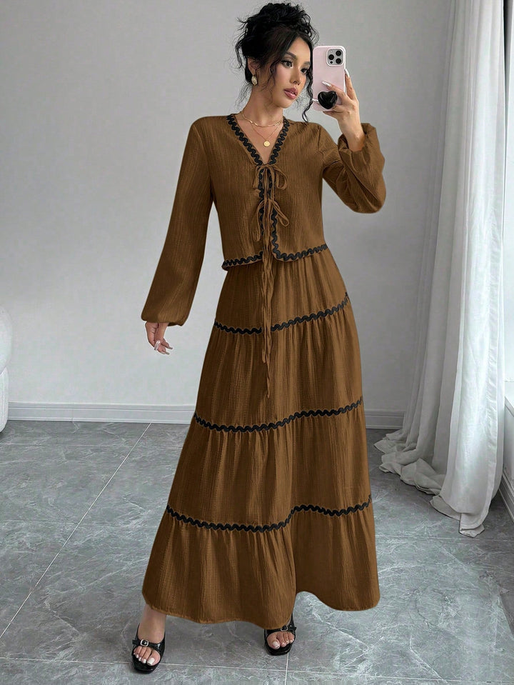 Natalie | Two-Piece Set with V-Neck Top and Maxi Tiered Skirt