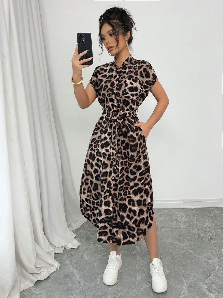Willow | Midi Shirt Dress with Leopard Print and Belted Waist