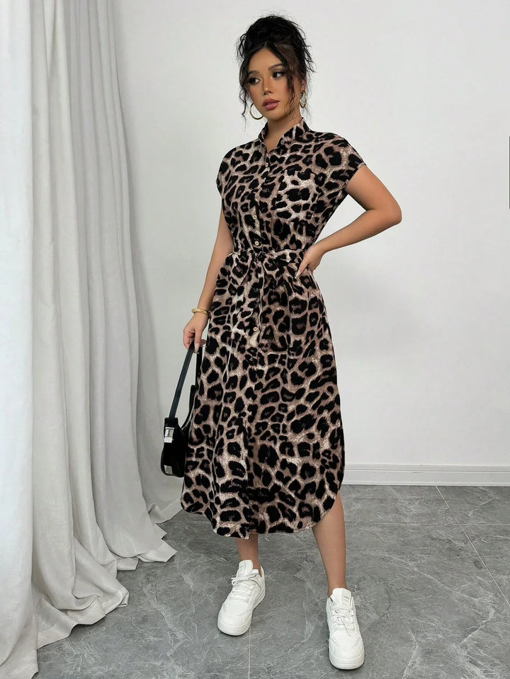 Willow | Midi Shirt Dress with Leopard Print and Belted Waist