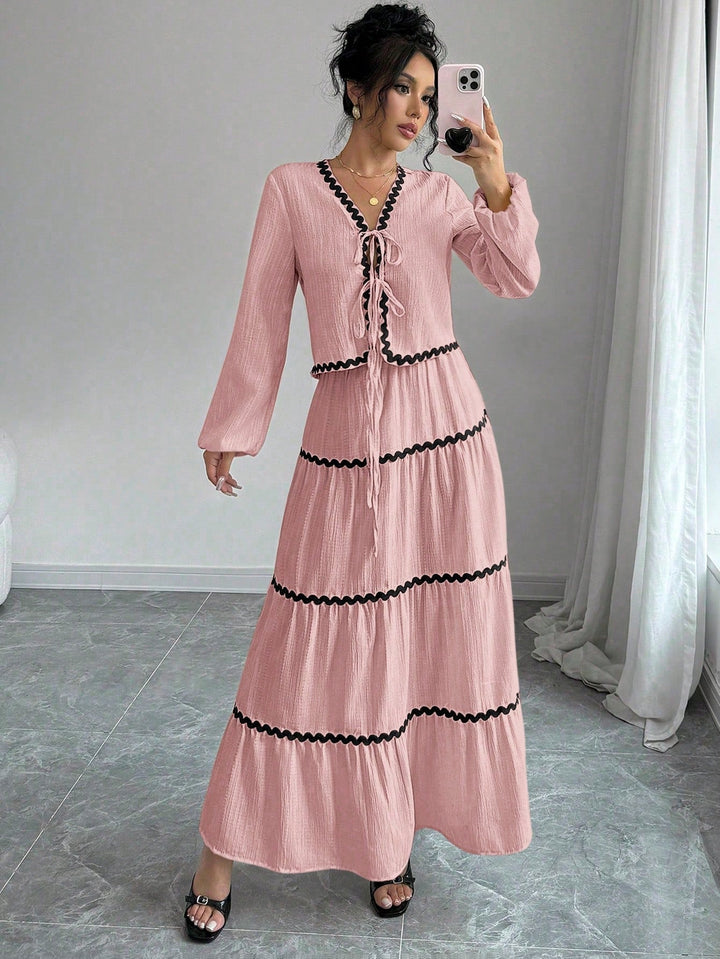 Natalie | Two-Piece Set with V-Neck Top and Maxi Tiered Skirt