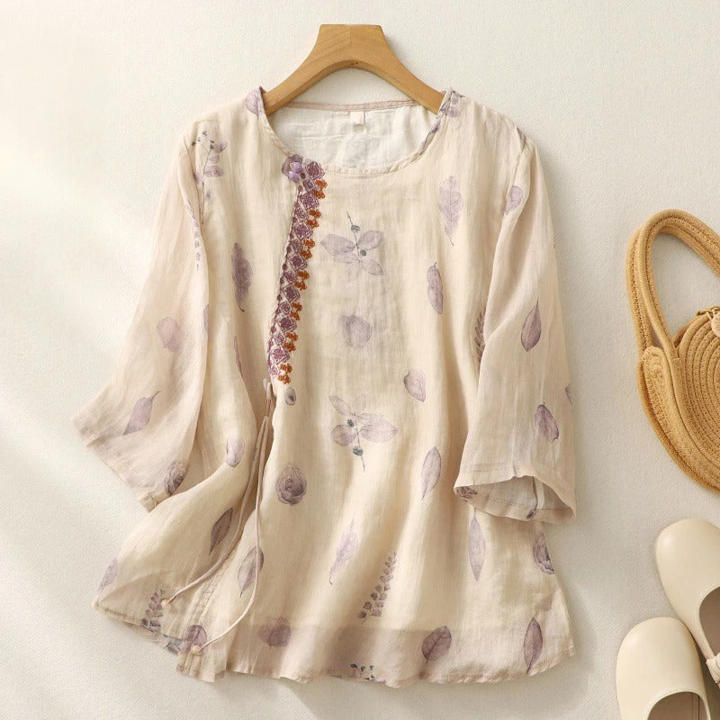 Hattie | Floral Print Blouse with Round Neckline and Three Quarter Sleeves