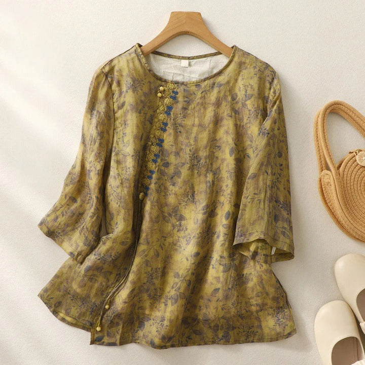 Hattie | Floral Print Blouse with Round Neckline and Three Quarter Sleeves