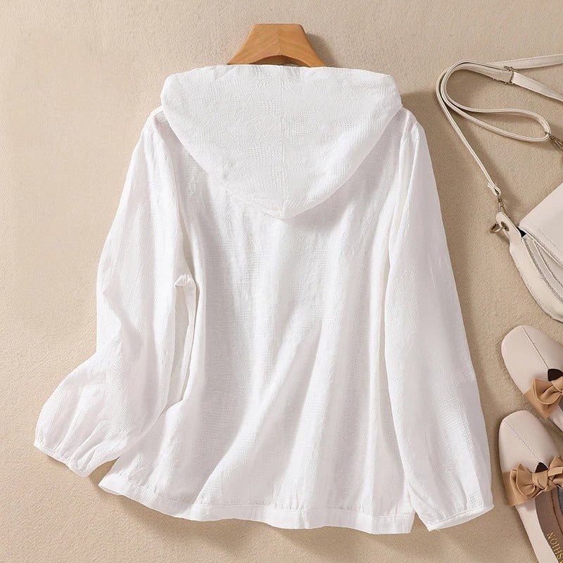 Molly | Hooded Blouse with Puff Sleeves and Button Front