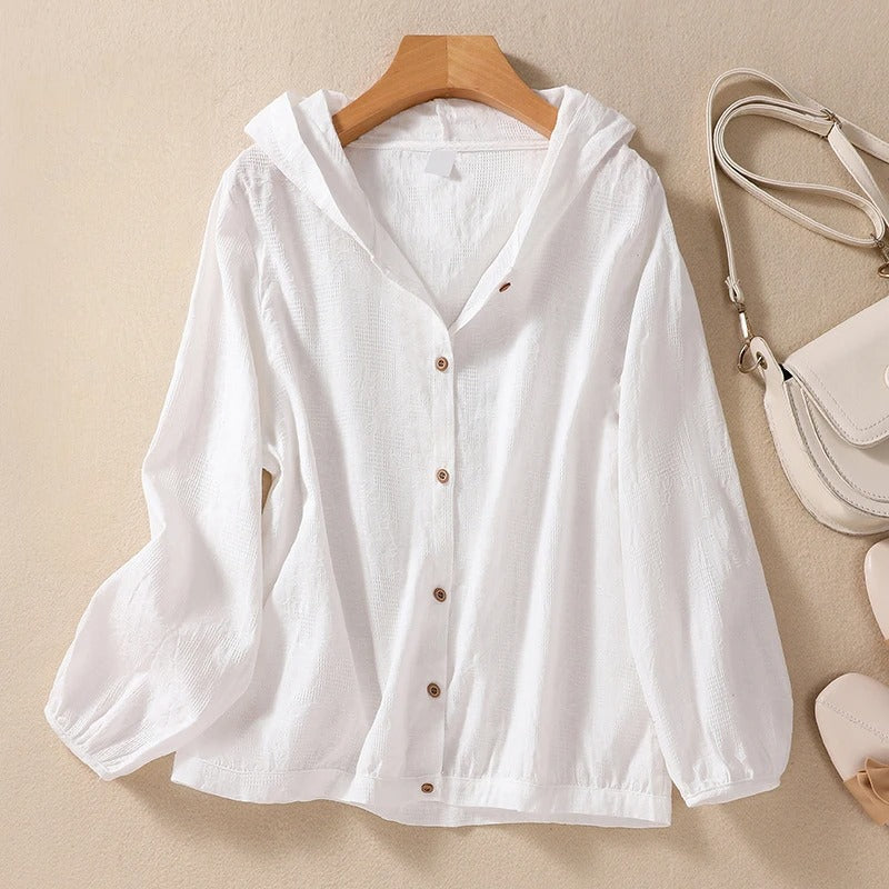 Molly | Hooded Blouse with Puff Sleeves and Button Front