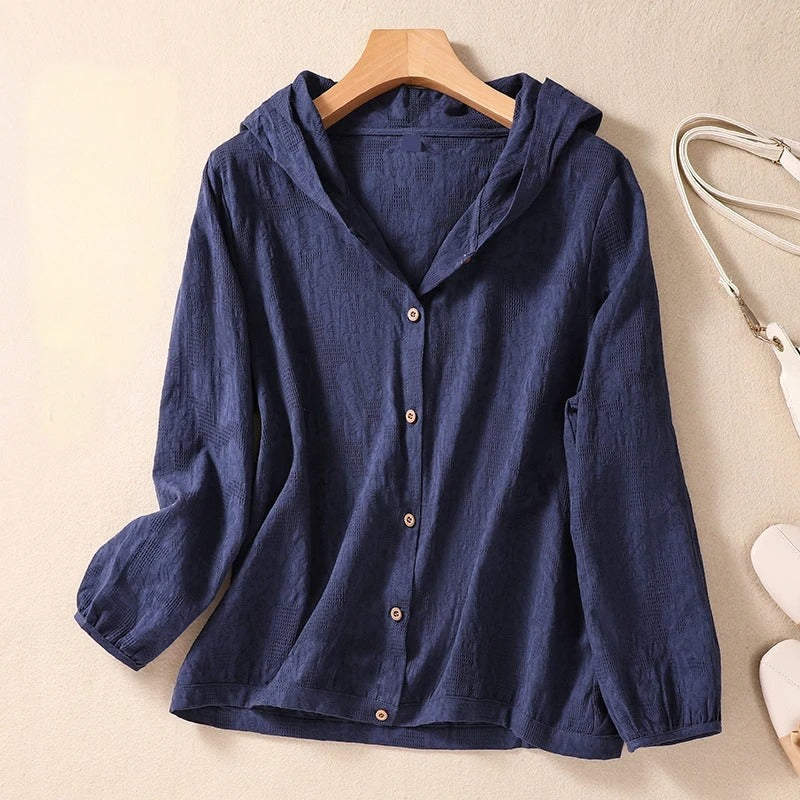 Molly | Hooded Blouse with Puff Sleeves and Button Front