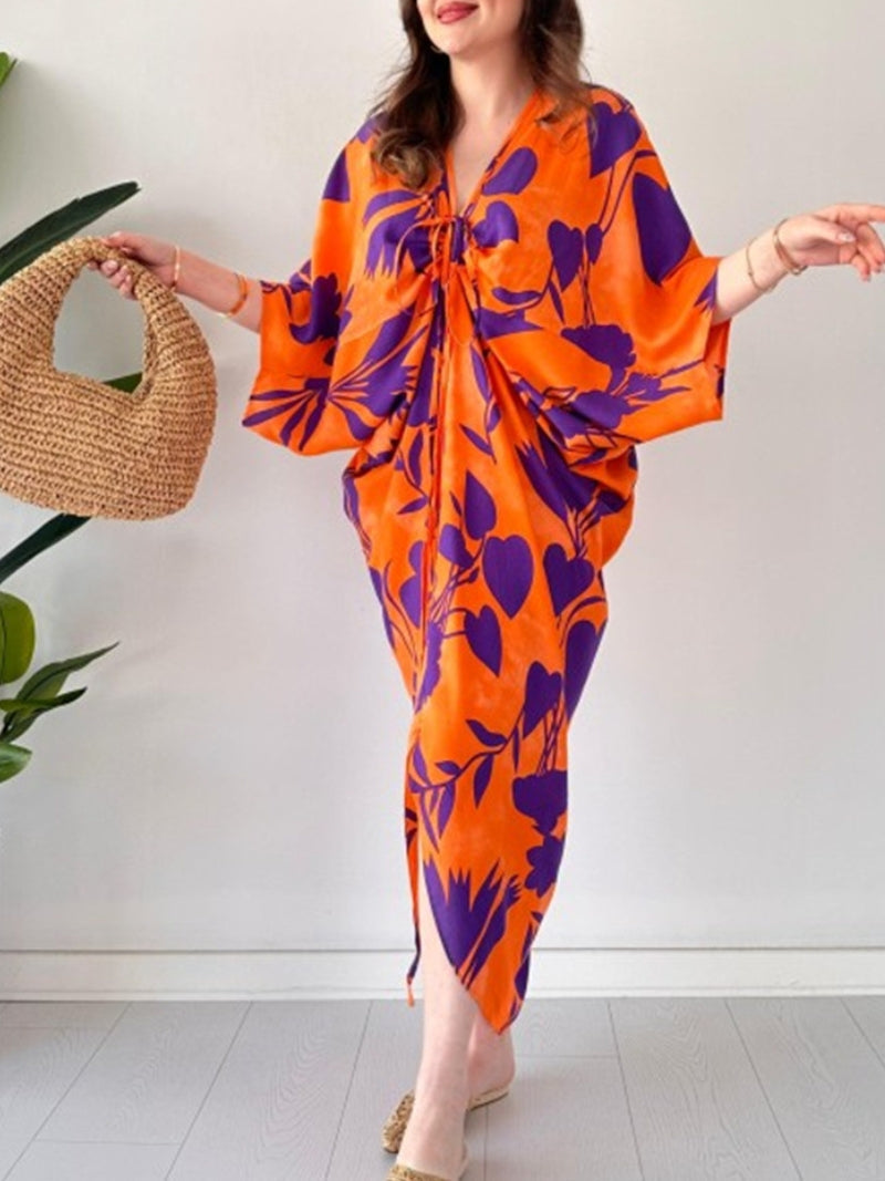 Beth | Maxi Holiday Dress with Floral Print and Batwing Sleeves