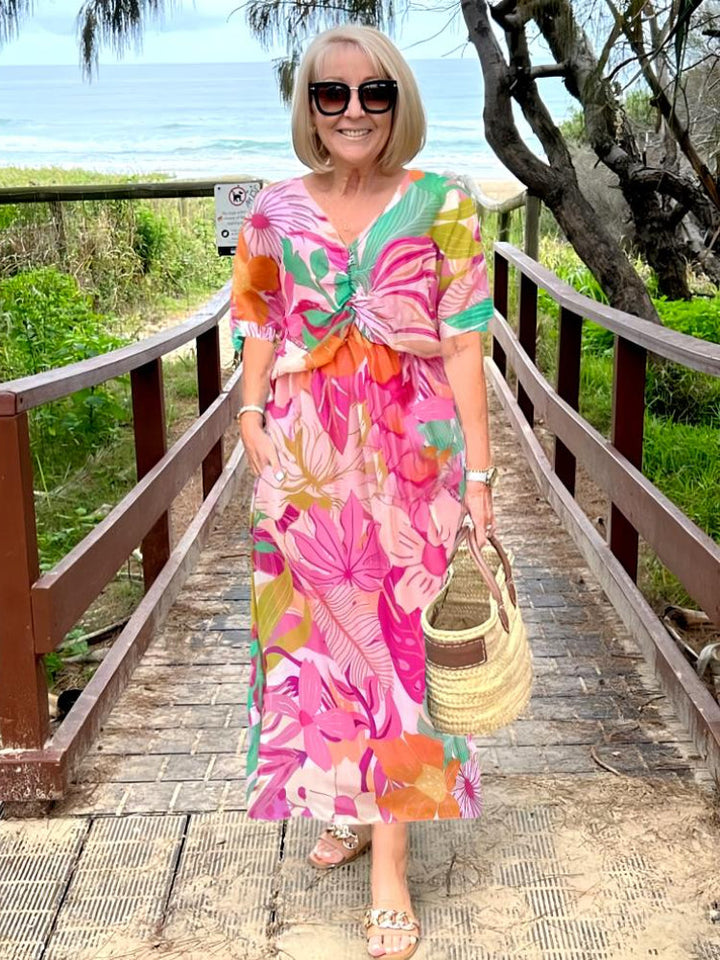 Quinn | Midi Summer Dress with Tropical Print and Twist Front