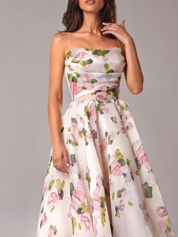 Jane | Midi Summer Dress with Floral Print and Square Neck