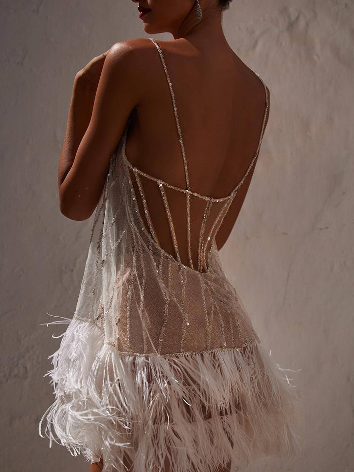 Mila | Mini Cocktail Dress with Sheer Bodice and Feather Hem