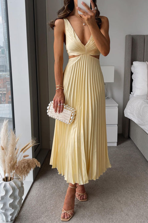 Caroline | Midi Wedding Guest Dress with V-Neck and Pleated Skirt