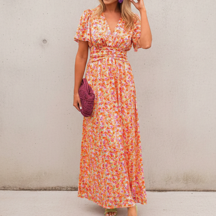 Alice | Maxi Wedding Guest Dress with Floral Print and V-Neck Wrap