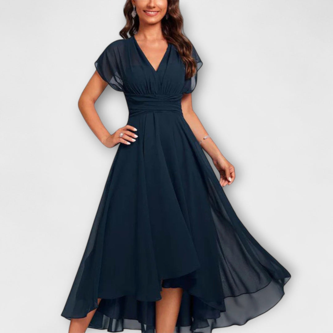 Everly | Midi Cocktail Dress with V-Neck and Ruched Waist