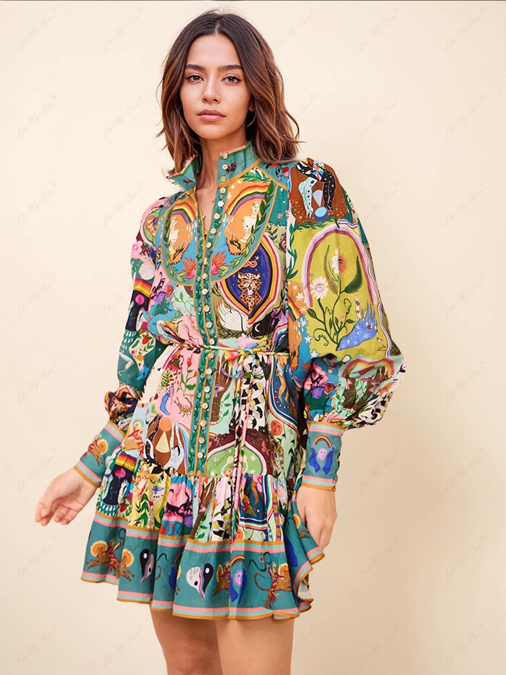 Eden | Mini Shirt Dress with Boho Print and Long Sleeves
